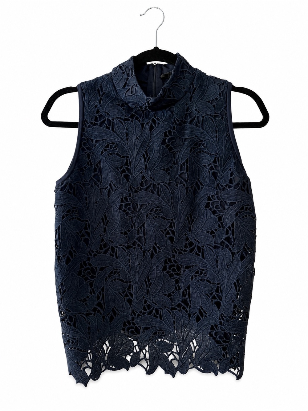 Ann Taylor Navy Floral Lace Sleeveless High Neck Top S
